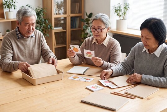 Elderly group practicing memory exercises with cards