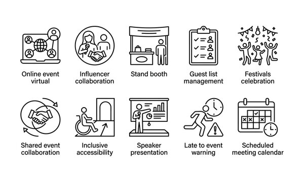 Special events and digital collaboration vector icon set illustrating virtual meetings, influencer marketing, stand booths, accessibility, and speaker presentations for event planning platforms.