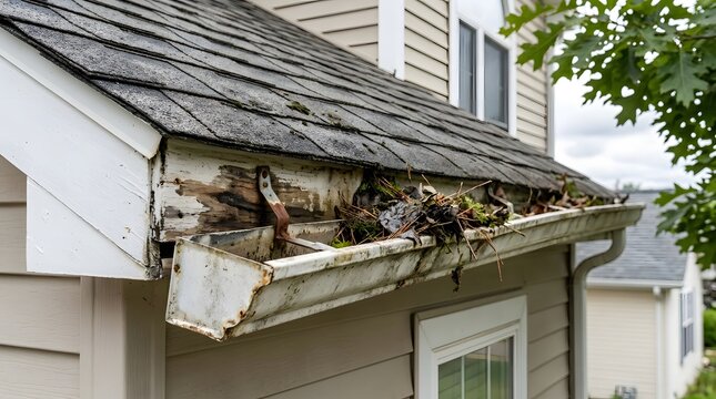 Flat roof with ponding water and cracked membrane near parapet wall