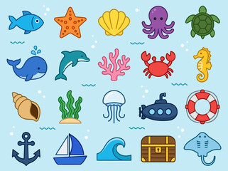 Fototapeta premium Flat Sea Life and Nautical Icon Set with Ocean Animals and Marine Symbols