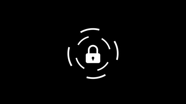 Padlock icon with concentric circles on a dark background security symbol animation.
