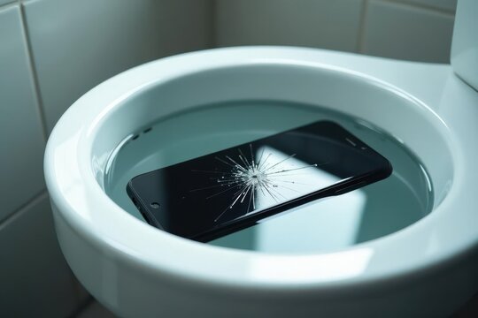 A shattered mobile phone rests submerged in a porcelain basin filled with water, a poignant image of technological damage and water-related electronic failure
