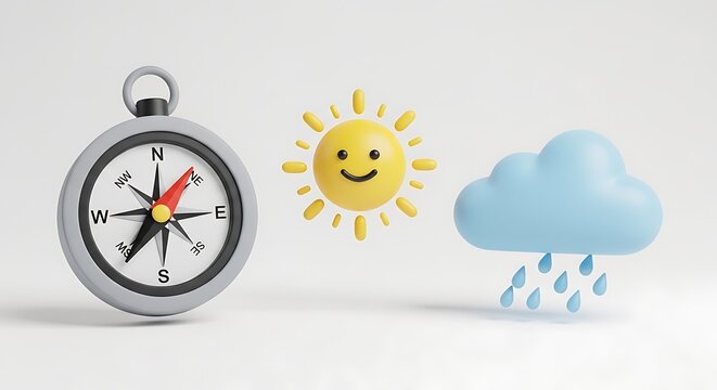 3D rendered illustration featuring a compass, sun with a face, and a rain cloud