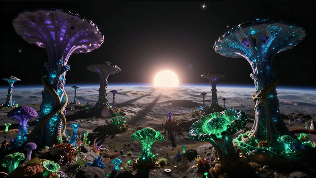 Bioluminescent Exomoon Biome Under Multi-Star System