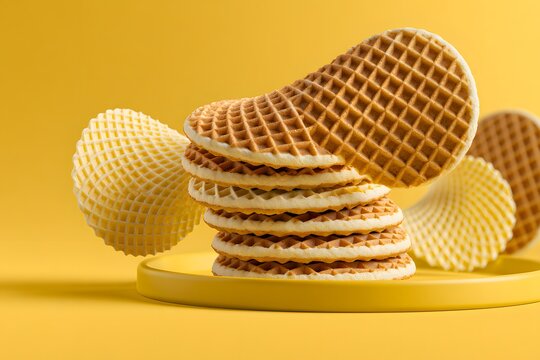 Stacked golden waffles forming a radiant tower against a warm yellow background