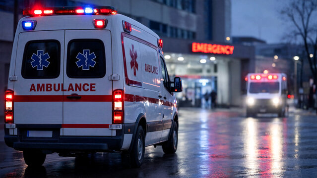 An ambulance is parked outside a hospital emergency entrance at night
