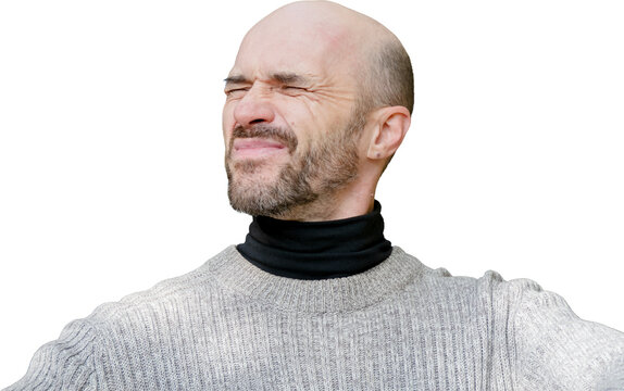 Bald Middle Aged Man Grimacing with Eyes Closed in Pain or Disgust Isolated on White Background
