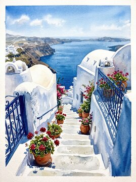 Watercolor white staircase blue railings red geraniums descending cliffside, Aegean sea caldera view. Greek island travel poster illustration