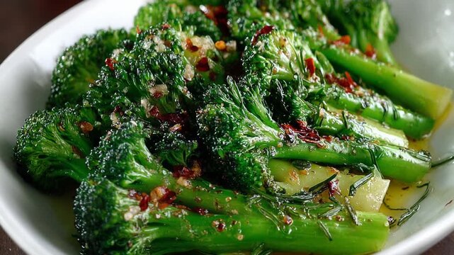 Steamed green broccolini seasoned with olive oil, garlic, red chili flakes, and herbs