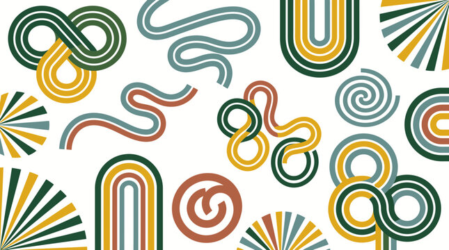 Abstract retro geometric shapes collection with rainbow arches and interlocking circles on white background, illustrating vintage design elements representing mid-century aesthetic