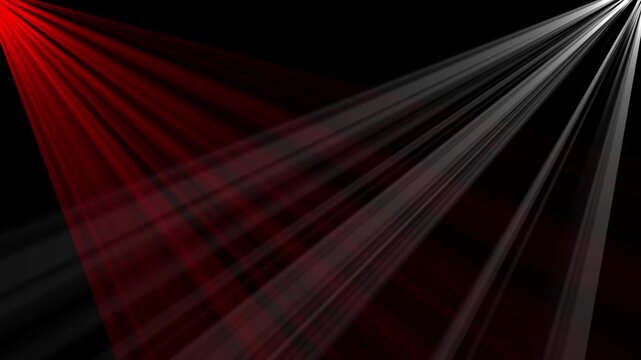 Intersecting Neon Red and White Spotlight Rays and Dynamic Stage Lighting 4k Animation on Black Background, Concert Beam Effect, Dramatic Theater Illumination, Seamless Loop Motion Graphic animated 