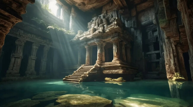 Ancient Sunken Temple Beneath an Underground Lake with Dramatic Sunbeams
