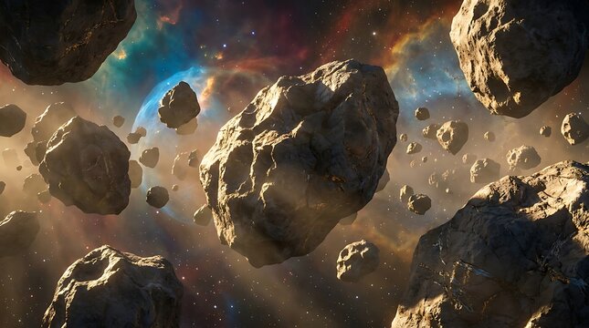 Many dark asteroids and space rocks floating in deep outer space with colorful nebula background. astroid belt