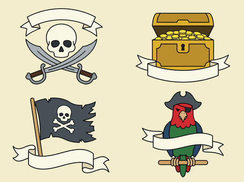 Pirate Adventure Vector Icon Set with Skull, Treasure Chest, Flag, and Parrot on Blank Banners