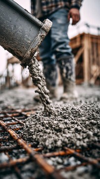 Concrete Pouring at Construction Site: A close-up view captures the steady flow of wet concrete being poured from a chute onto a reinforced steel grid at a construction site.