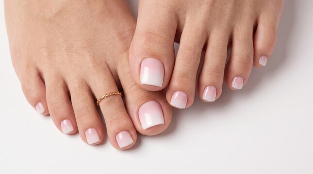 Close-up of feet with ombre nail polish after salon pedicure. Soft gradient pink toes showcasing professional manicure and beauty care.
