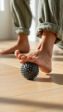 Foot Massage Roller: Close-up of a person's bare foot rolling over a spiky massage ball on a wooden floor, promoting relaxation and muscle relief.