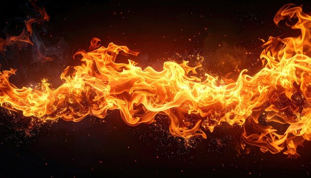 A vibrant horizontal stream of flames and smoke erupts against a stark black background, with sparks scattered throughout