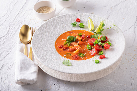 Exclusive and tasty Thai soup as culinary artistry in restaurant.