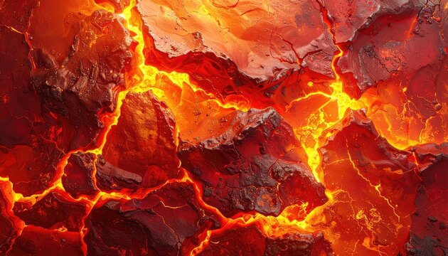 Fiery texture with deep reds, vibrant oranges, and contrasting dark cracks, resembling molten rock or cooled lava
