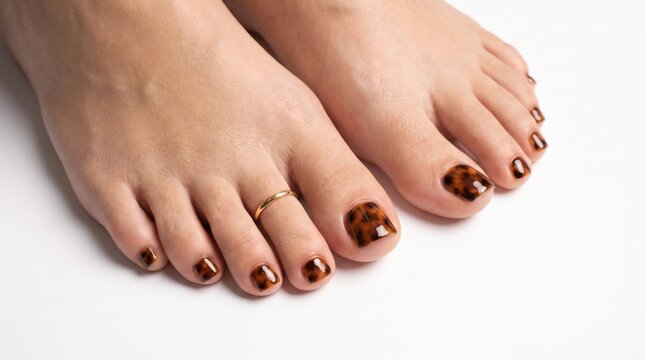 Toenails with tortoiseshell nail polish. Elegant pedicure for summer style.