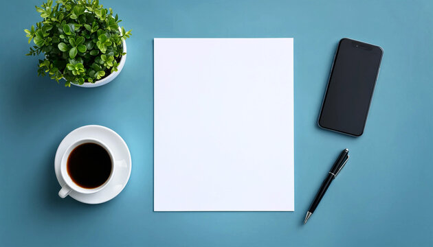 A minimalist workspace setup with a cup of coffee and blank paper
