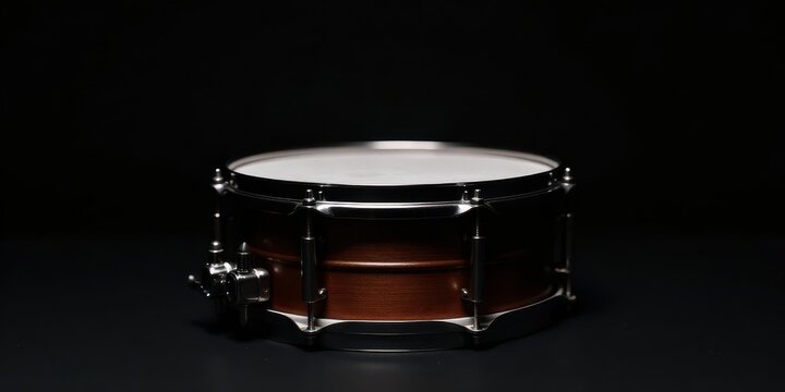 Dark Studio Shot of a Polished Wood Snare Drum with Metal Hardware