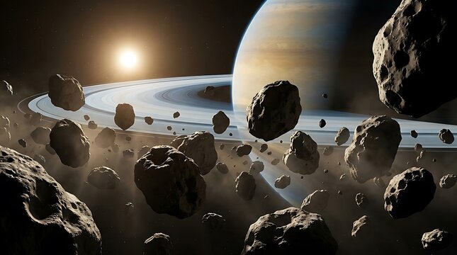 Many asteroids floating in space near a giant ringed planet and a bright glowing sun in the distance. astroid belt