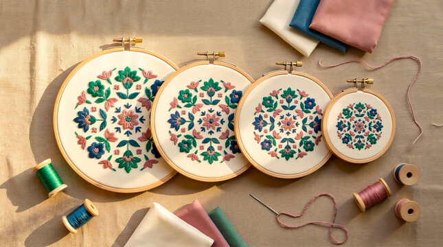 Three embroidery hoops with embroideries and thread on a table
