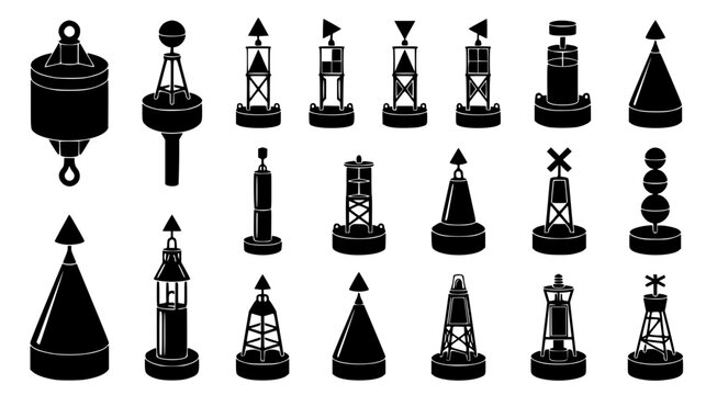 Collection of maritime navigation buoys and channel markers for water safety and port navigation guidance systems