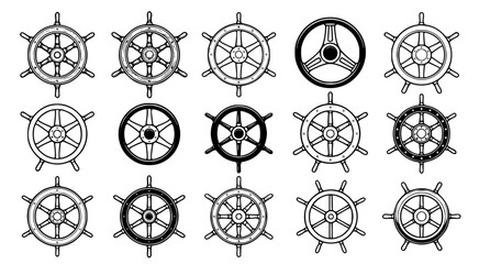 Set of nautical ship steering wheels and helm designs in various styles and configurations for maritime and boating equipment as black and white vector illustrations