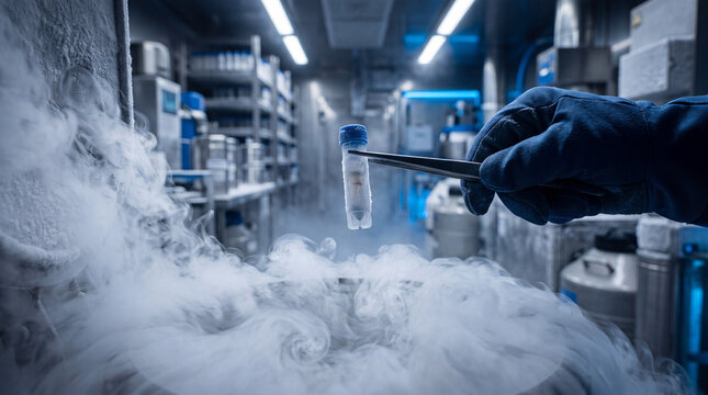Ultra low temperature laboratory freezer storing human cell samples in cryovials bright clean interior with frosted racks ultra low freezer human cells cryovial cold storage