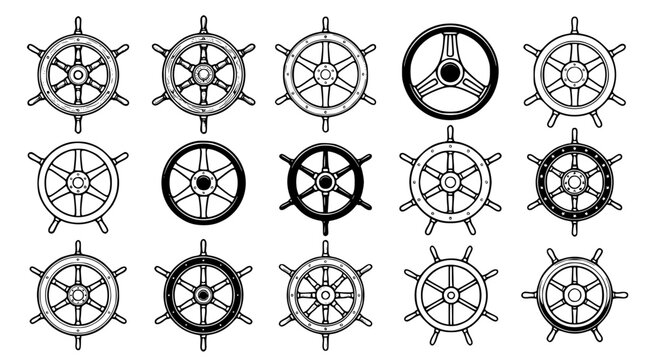 Set of nautical ship steering wheels and helm designs in various styles and configurations for maritime and boating equipment as black and white vector illustrations