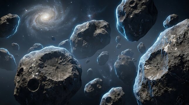 Asteroids floating in deep space with a distant galaxy and stars in the dark background. astroid belt