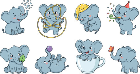 Fototapeta premium Cute Baby Elephant Daily Activity Cartoon Vector Set Featuring Bath Time Sleeping Playing Celebration and Adorable Lifestyle Illustrations
