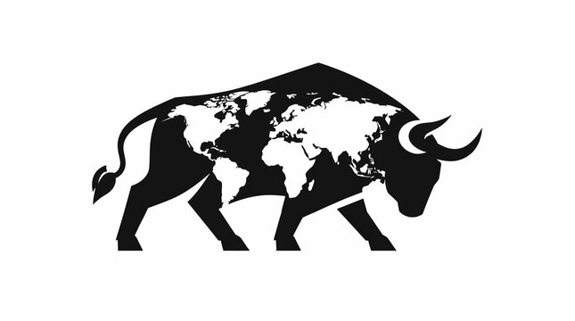 Silhouette of a bull with a world map design on its body.
