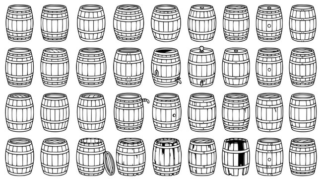 Set of traditional wooden barrels and industrial storage casks in black and white line art vector style for beverage and logistics industry