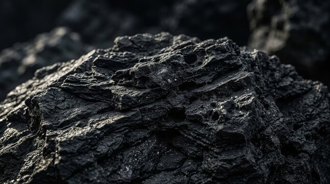 A detailed macro shot of a black volcanic stone featuring porous textures and sharp jagged edges.