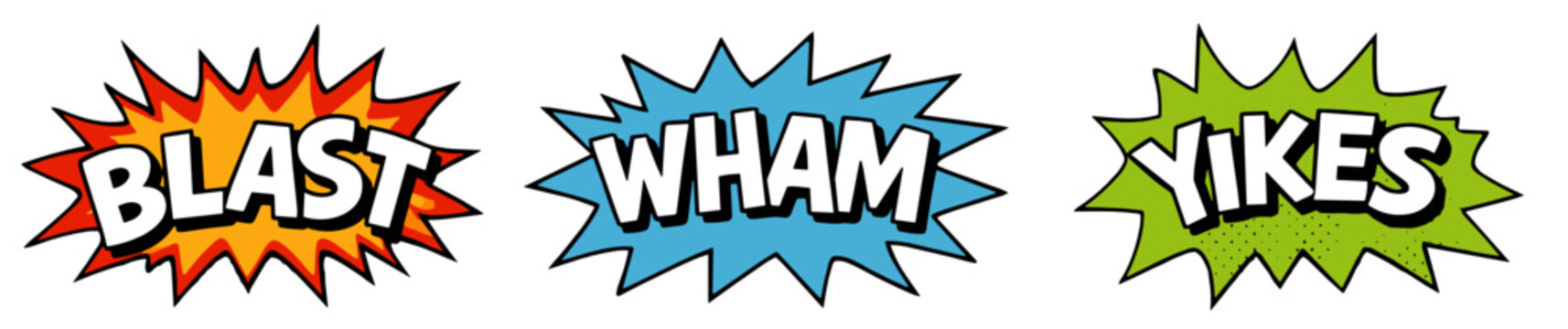 Row of three comic book sound effect bursts reading Blast, Wham and Yikes in bold cartoon lettering, great for retro pop art and action design projects.