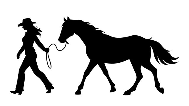 Silhouette of a cowgirl walking and leading a horse by a rope halter, showing a peaceful western ranch scene and bond between human and animal.