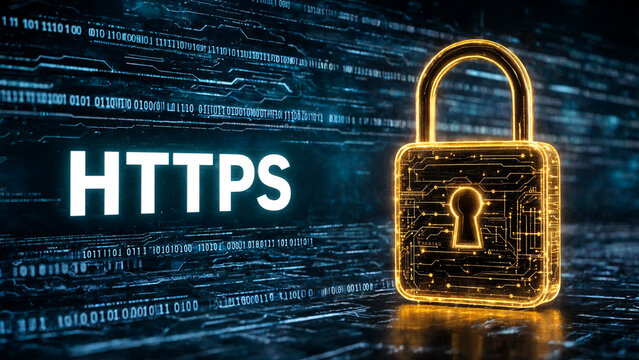 A digital illustration of a padlock with HTTPS text on a code background
