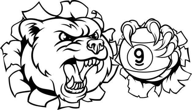 Bear nine ball pool sports mascot holding a 9 ball cartoon illustration