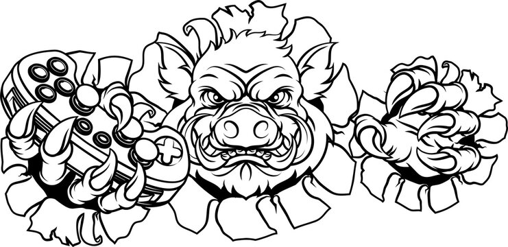 A wild boar, hog razorback warthog pig gamer sports video game gaming mascot holding a games controller