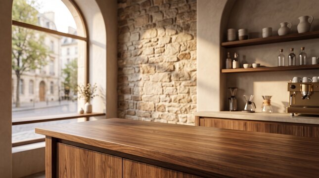 Sunlit wooden countertop in a cozy rustic cafe with stone walls and an arched window view. Ideal for food product mockups or cafe lifestyle displays.