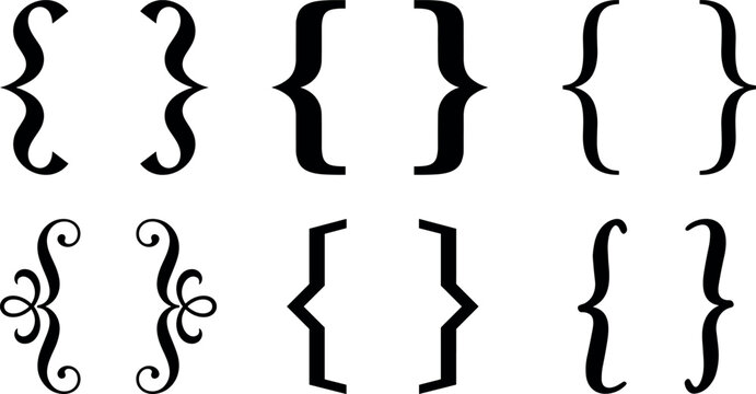 Curly braces and decorative brackets silhouette icons set featuring vintage calligraphic text punctuation symbols,