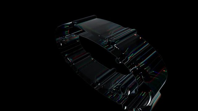 Abstract futuristic ring with iridescent reflections and complex geometric design on a black background