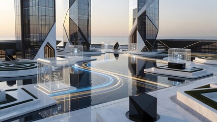 Fototapeta premium Futuristic cityscape with sleek modern architecture and reflective water features at sunset