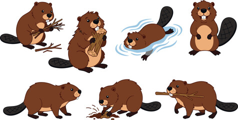 Fototapeta premium Cute cartoon beaver character activities set featuring wild rodent swimming building dam and gnawing wood,