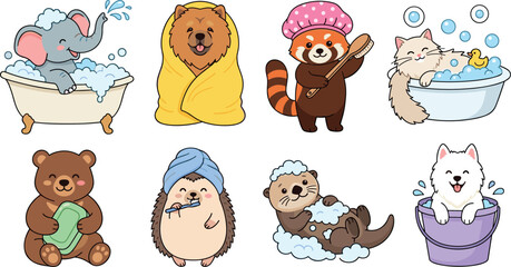 Obraz premium Cute Animal Bath Time Cartoon Vector Set Featuring Elephant Lion Red Panda Cat Bear Hedgehog Otter and Dog Hygiene Activities