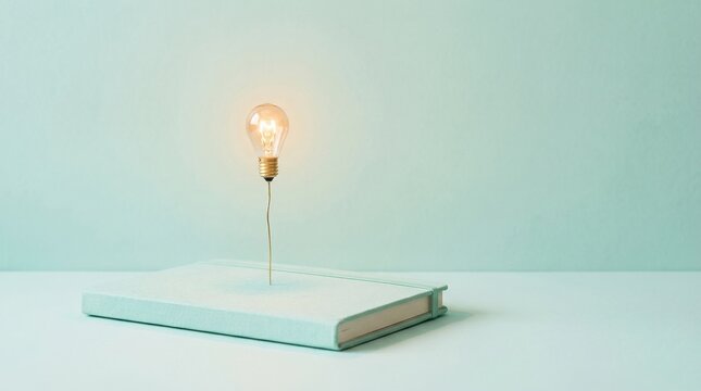 Glowing light bulb balancing on a closed book against a teal background symbolizing creative ideas, education, and innovation